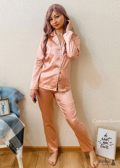 Pijama bohemio, conjunto de pijama de satén Clementine en plata, rosa y champán.